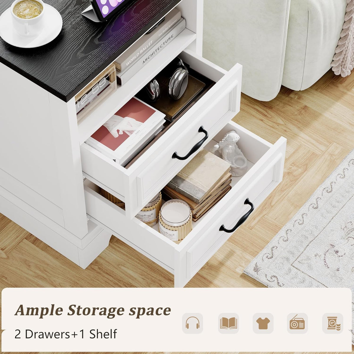 18" Farmhouse Nightstand Set of 2 with Charging Station, White End Table with 2 Drawers Storage, Wood Night Stand Side Table, Modern Bedside Cabinet for Bedroom Living Room, Dresser for Small Place