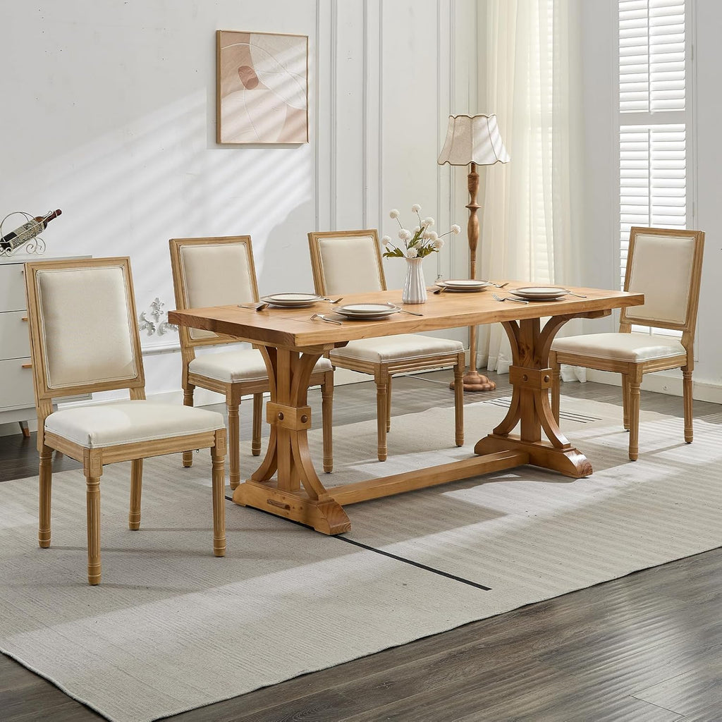 Vintage French Country Dining Chairs Set of 6, Linen Fabric Dining Chair with a Square Back, Beige Upholstered Dining Chairs, Sillas para Comedor, Kitchen & Dining Room Chair (Beige, 6Pcs)