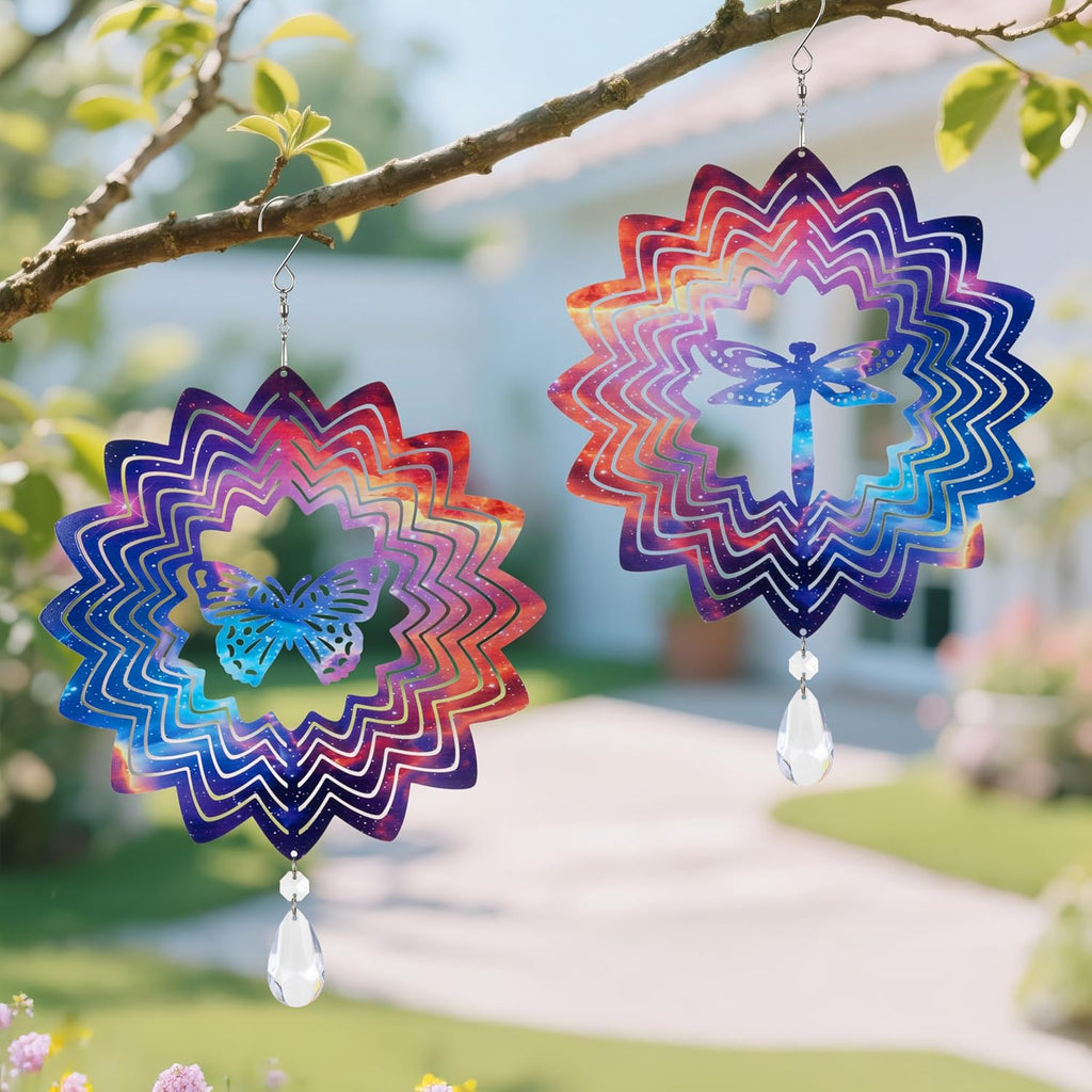 2PCS Garden Wind Spinners 3D Wind Sculptures Butterfly & Dragonfly Hanging Kinetic Wind Catchers Outdoor Yard Art Ideal Gifts for Mom Wife Grandma