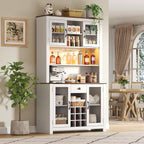 70.9” Kitchen Pantry Cabinet, Farmhouse Rustic Buffet Hutch with LED Lighting and Power Outlets, Large Food Pantry Cabinet with Doors and Adjustable Shelves, Storage Cabinet with Wine Rack for Kitchen
