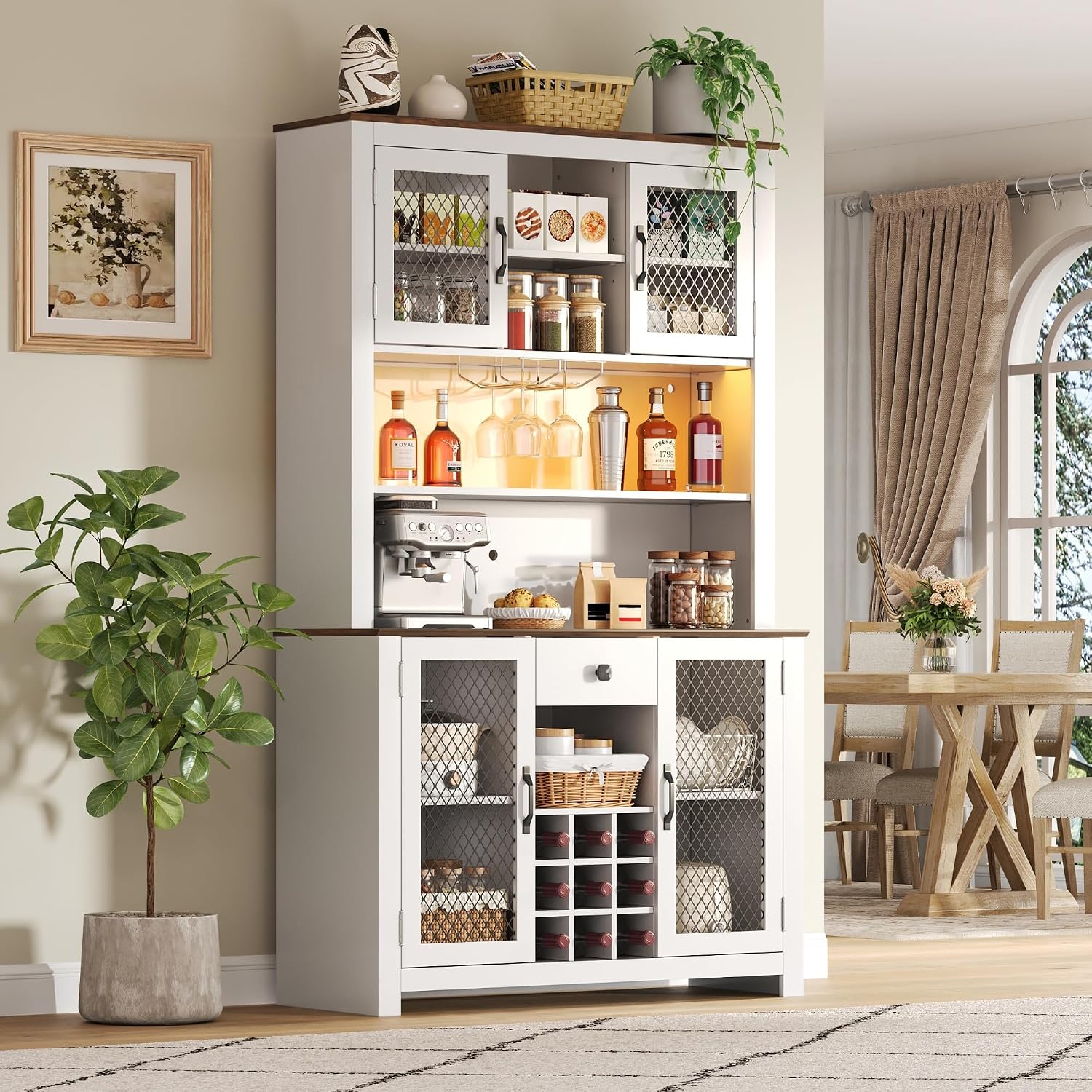 70.9” Kitchen Pantry Cabinet, Farmhouse Rustic Buffet Hutch with LED Lighting and Power Outlets, Large Food Pantry Cabinet with Doors and Adjustable Shelves, Storage Cabinet with Wine Rack for Kitchen