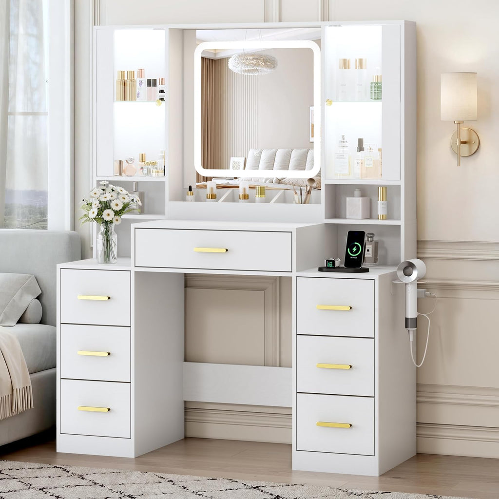 BORNOON Vanity Desk with Mirror and Lights, Makeup Vanity with 7 Drawers, 2 Glass Door Cabinets, Charging Station, Adjustable Shelves, RGB Lighting, Holder