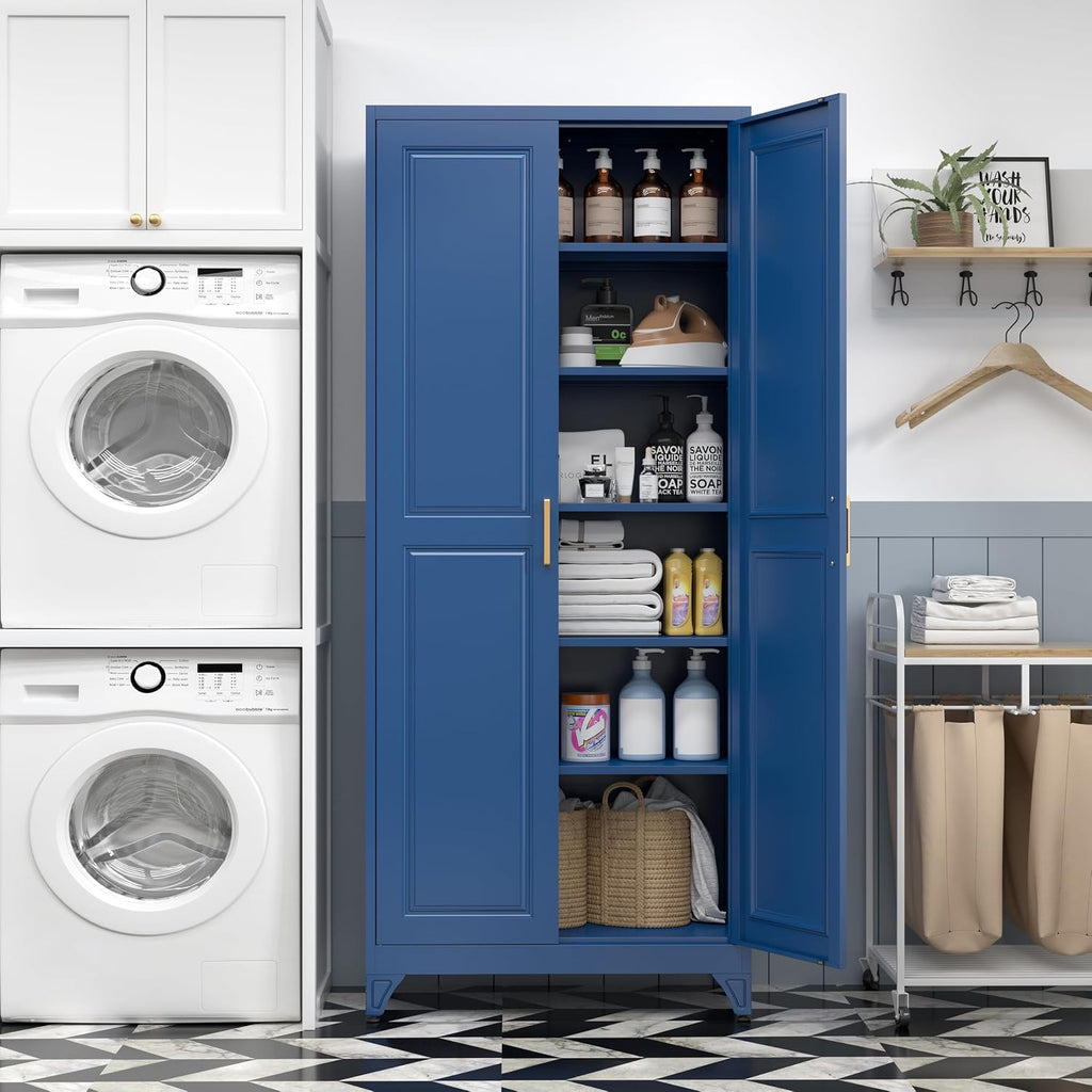 SteeLoong 75”Metal Pantry Storage Cabinet with Doors & 5 Adjustable Shelves | Kitchen Pantry Cabinet,Blue Kitchen Cabinet with 2 Gold Handles,Tall Cabinet for Livingroom,Pantry, Bathroom,Kitchen,Garage