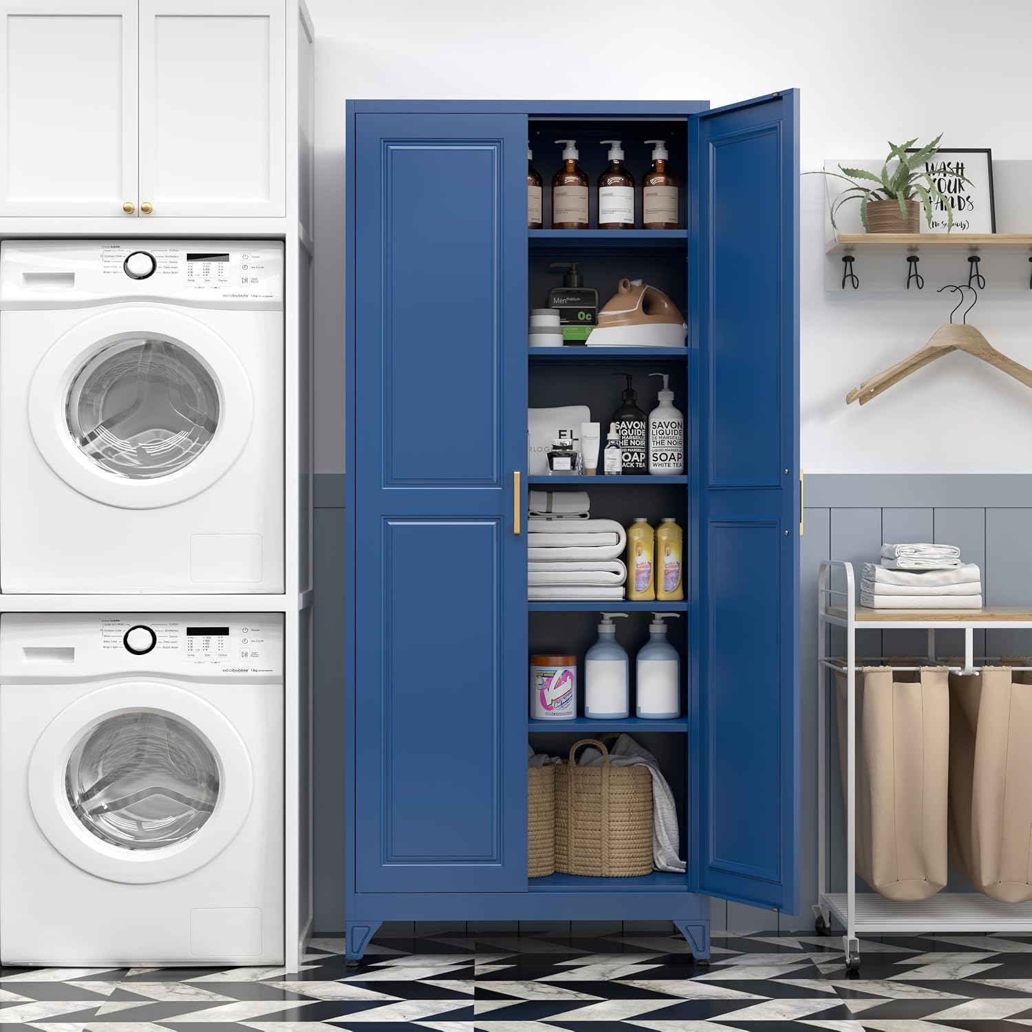 SteeLoong 75”Metal Pantry Storage Cabinet with Doors & 5 Adjustable Shelves | Kitchen Pantry Cabinet,Blue Kitchen Cabinet with 2 Gold Handles,Tall Cabinet for Livingroom,Pantry, Bathroom,Kitchen,Garage