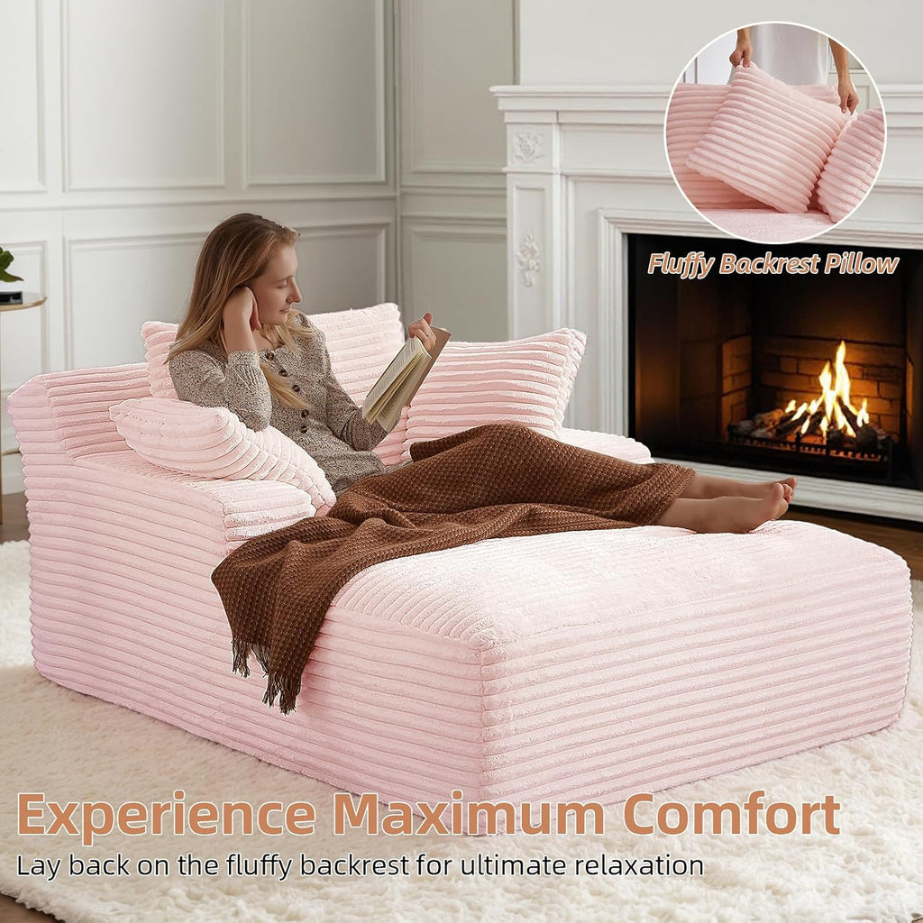 Oversized Chaise Lounge Chair Indoor Bedroom, Comfy Corduroy Upholstered Sofa Bed Chair, Deep Seat Single Sofa Couch, No Assembly Required Sleeper Chair Sofa for Living Room (Light Pink)