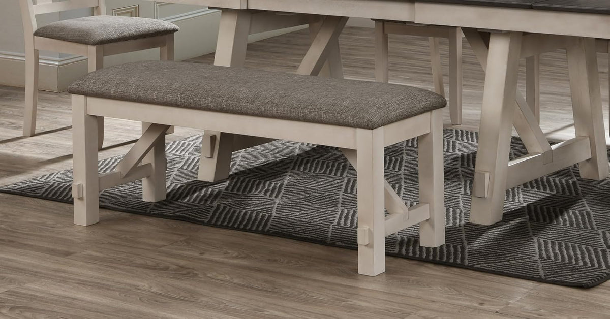 Dining Bench 48 Inch Upholstered Seat Cottage Style Chalk Gray Finish Cream Fabric Cushion Solid Wood Standard Height Bench for Dining Room Bedroom 76mm Cushion