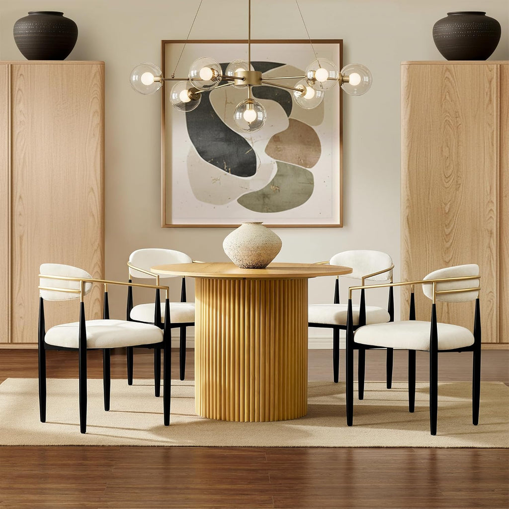 Morden Fort Set of 4 Chenille Upholstered Dining Chairs with Arms,Black Metal Frame with Gold Accent,Padded Kitchen,White