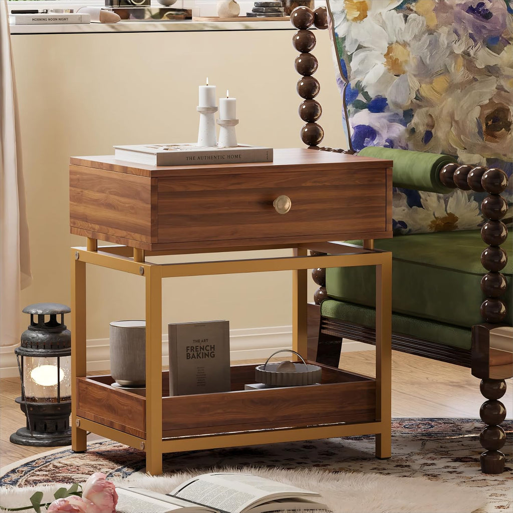 WiberWi End Table with Drawer and Open Shelf, 2 Tiers Sofa Side Table with Gold Metal Frame for Living Room, Modern Nightstand Bedside Table for Bedroom, Walnut