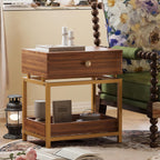 WiberWi End Table with Drawer and Open Shelf, 2 Tiers Sofa Side Table with Gold Metal Frame for Living Room, Modern Nightstand Bedside Table for Bedroom, Walnut