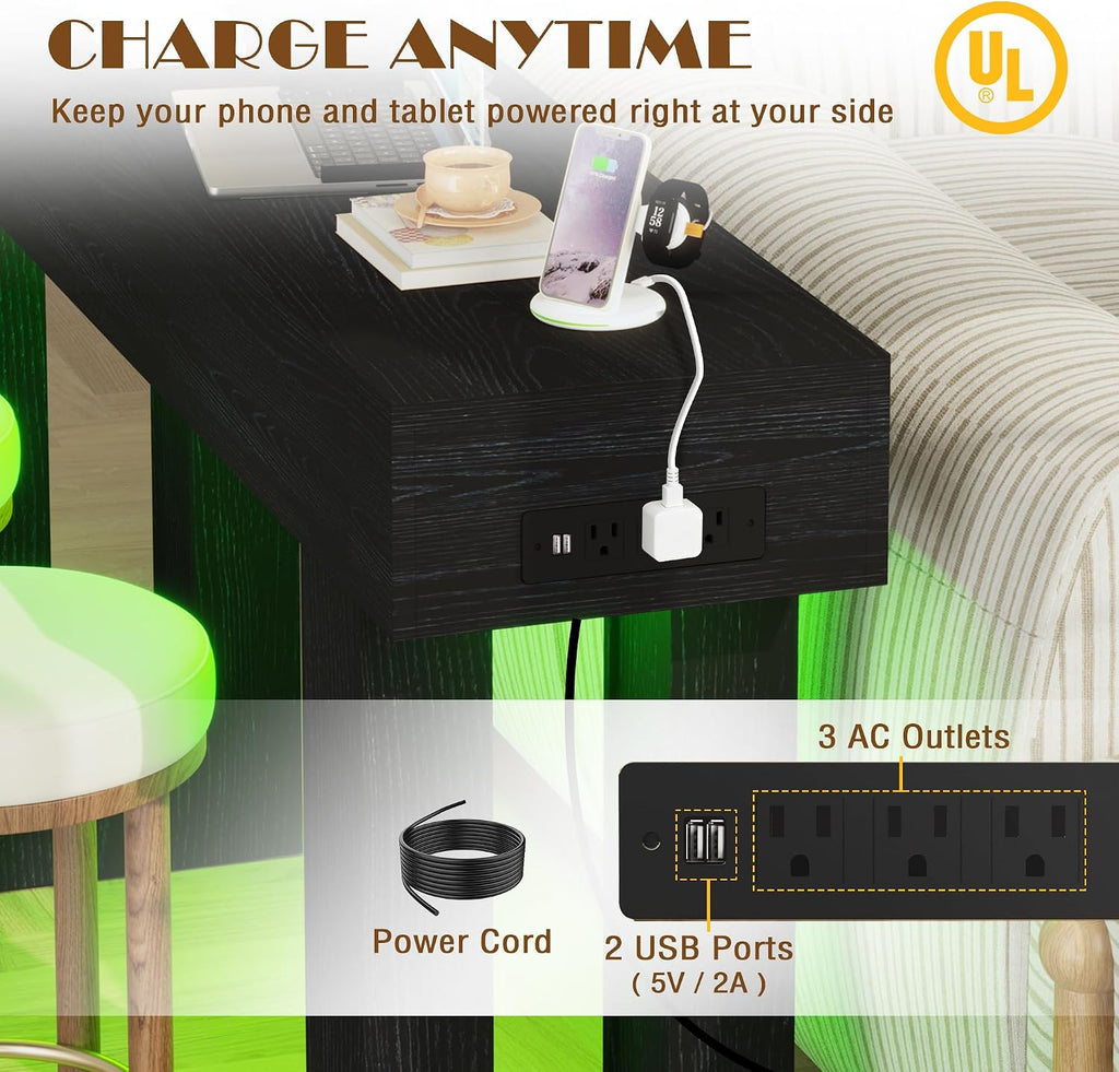 63" Extra-Long Modern Console Table with Charging Station, RGB LED Lights & Storage, Versatile Narrow Sofa Table Behind The Couch, Perfect for Entryway, Hallway or Living Room (Black Light)