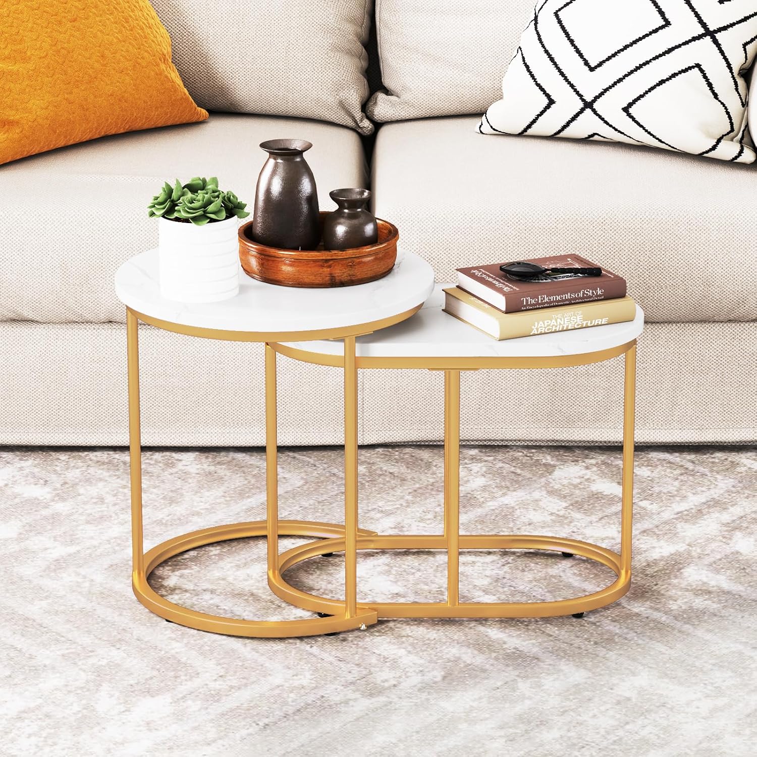 LDAILY Nesting Coffee Table Set with Marble-Look Top, 2-Piece | Golden Steel Frame, Easy Assembly, Accent Stacking Side Table, for Bedroom, Living Room, Apartment