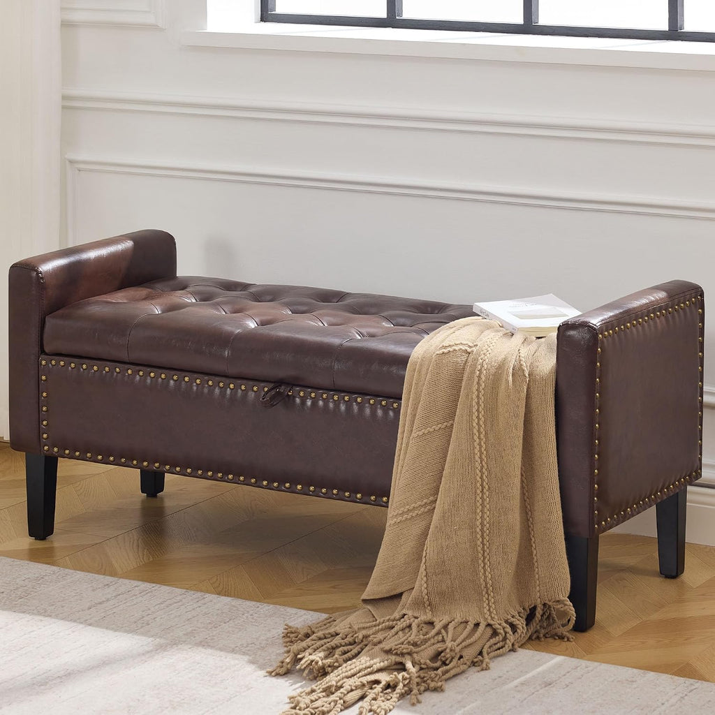 WUTUTUEE 47" Modern Water-Resistant Faux Leather Storage Ottoman Bench with Wooden Legs, Upholstered End of Bed Bench for Bedroom, Living Room or Entryway, Dark Brown