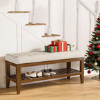 REONEY 43" End of Bed Bench, Upholstered Bedroom Storage Ottoman Bench, Entryway Shoe Bench, Padded Window Seat with Solid Wood Legs, for Living Room, Hallway, Beige Linen