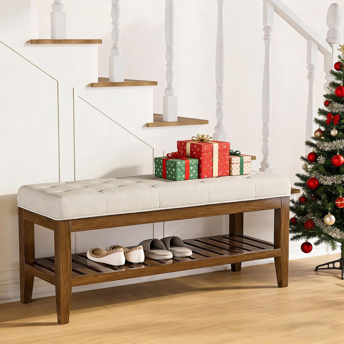 REONEY 43" End of Bed Bench, Upholstered Bedroom Storage Ottoman Bench, Entryway Shoe Bench, Padded Window Seat with Solid Wood Legs, for Living Room, Hallway, Beige Linen