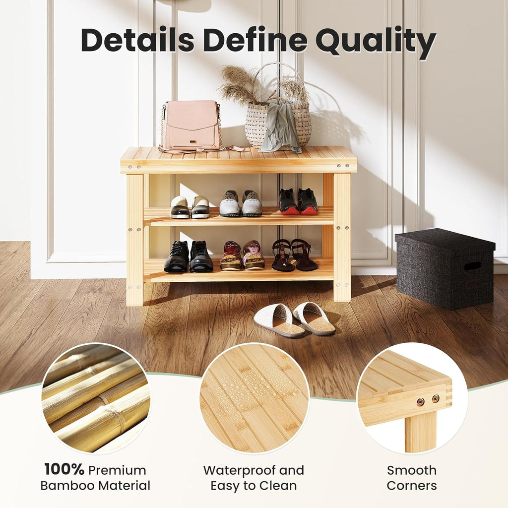 DUMOS Shoe Rack Bench with Storage, 3-Tier Bamboo Entryway Benches, Wooden Shoe Rack Holds Up to 286 lb Storage Organizer, Suitable for Bedroom Living Room Balcony, Classical Wood