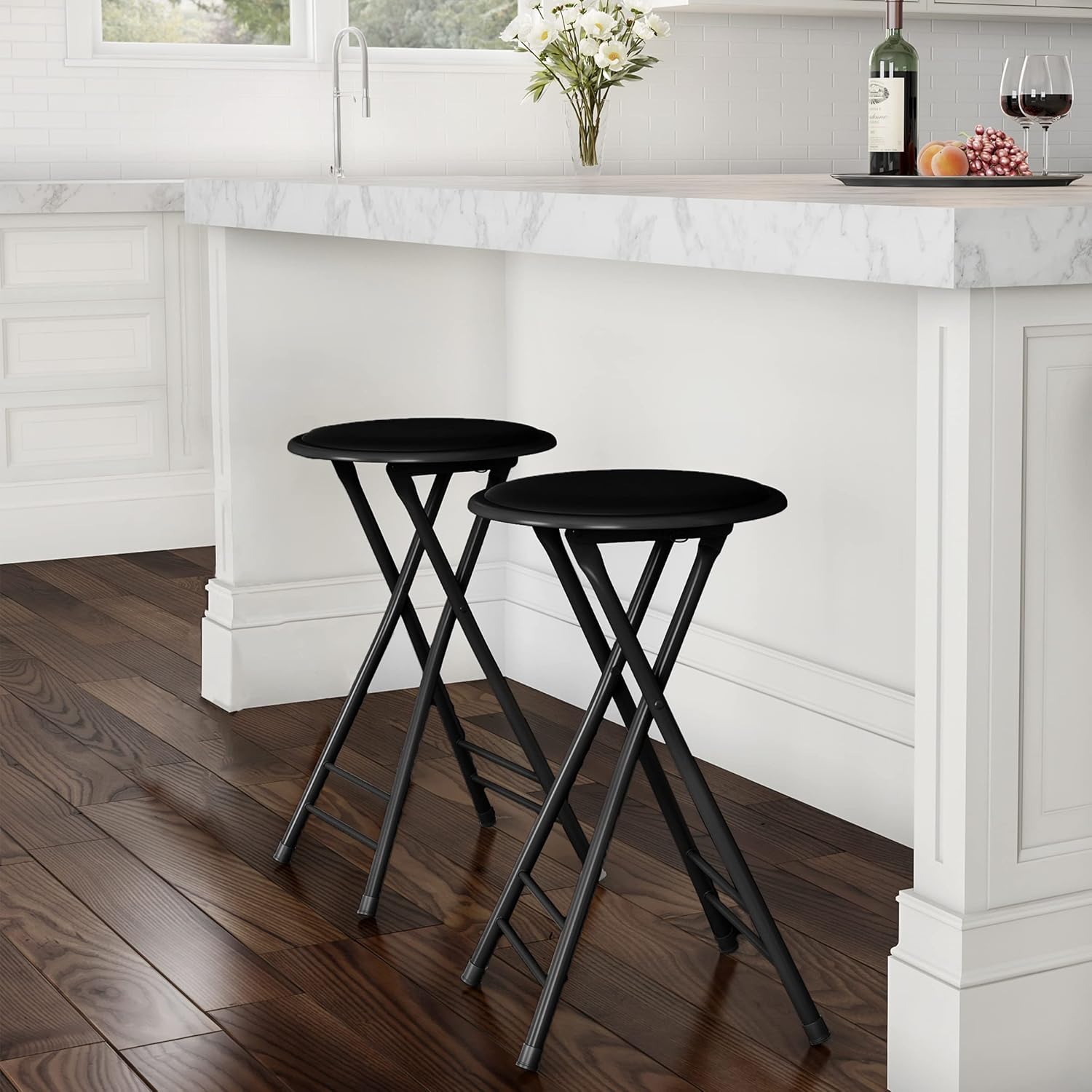Lavish Home Folding Stool with Padded Backless Seat Set of 2, Black, 24” | Counter Height Bar Stools with 225lb Capacity, Portable Indoor & Outdoor, Extra Seat for Kitchen, Rec Room or Camping