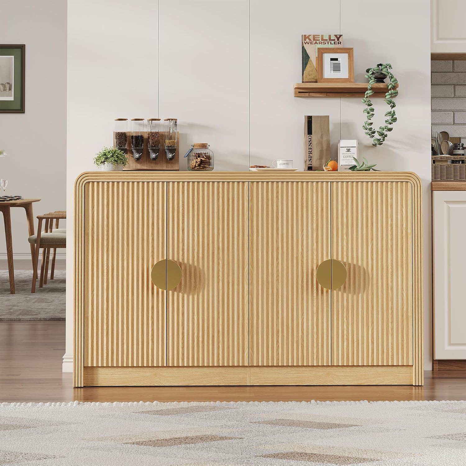 Decofy 55" Buffet Sideboard Cabinet, Mid Century Modern Console Cabinet with Wavy Grain Doors & Adjustable Shelves for Kitchen Cabinets, Living Room, Entryway, Coffee Bar Cabinet, Natural Oak