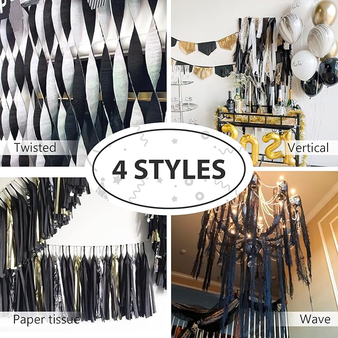 PartyWoo Black Crepe Paper Streamers 4 Rolls 328 ft Pack of Black Crepe Paper for Graduation Halloween New Year Anniversary Birthday Party Decorations (1.8 Inch x 82 Ft/Roll), Black-19
