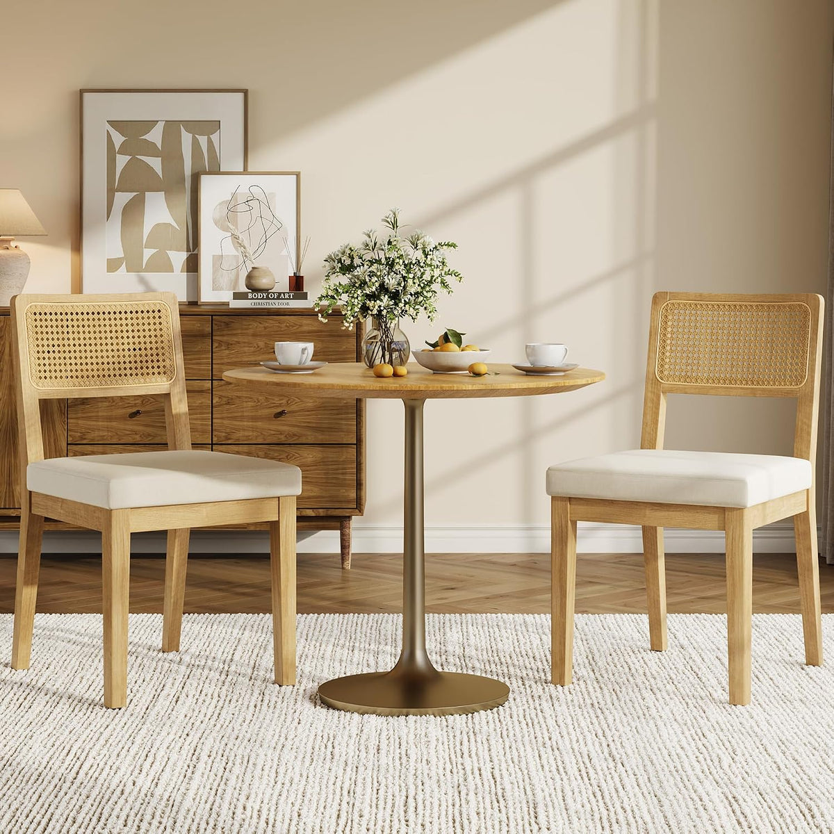 Garvee Rattan Dining Chairs Set of 2, French Country Upholstered Dining Chairs Wood Frame, Rattan Backrest, Armless Chair for Kitchen Restaurant Dining Room Bedroom, Linen, Natural
