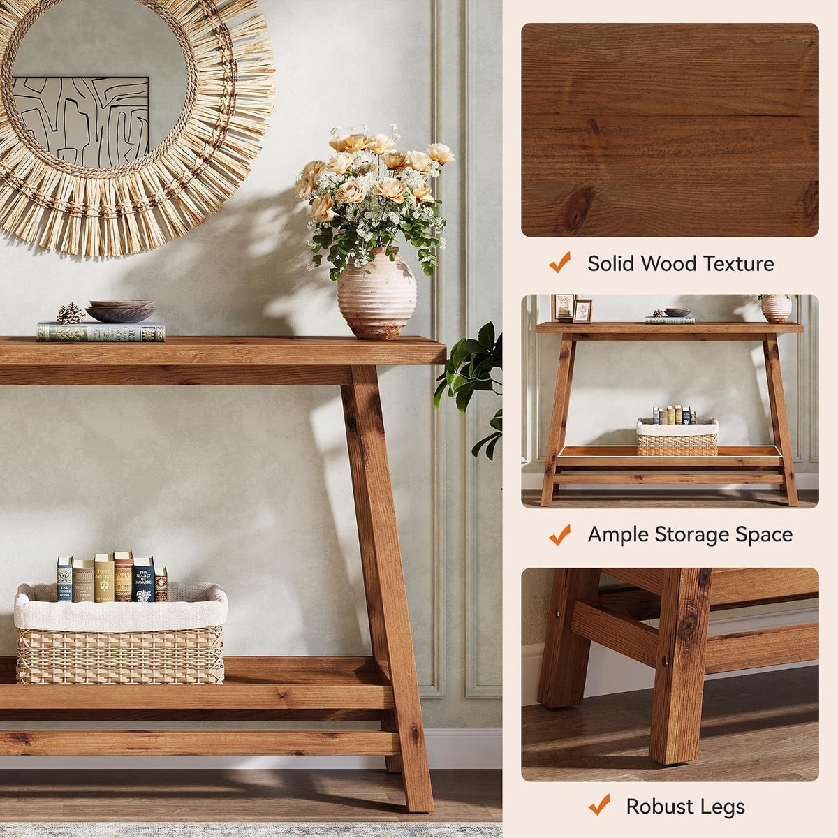 41.3" Farmhouse Console Table, Solid Wood Entryway Table with Storage Shelf, 2 Tiers of Narrow Behind Couch Sofa Furniture for Living Room, Hallway, Foyer, Easy Assembly