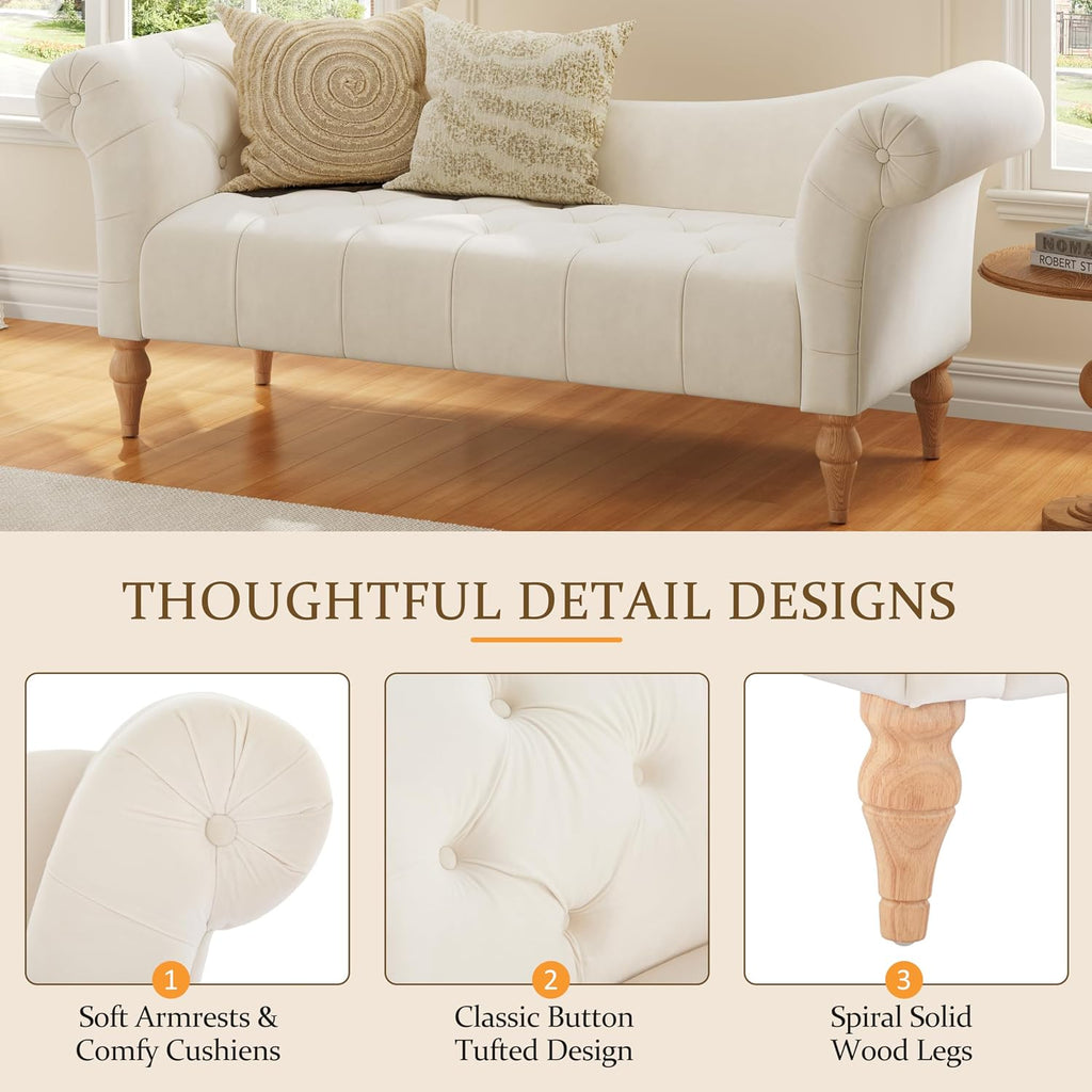 Christopher Knight Home Ucal Velvet Upholstered End of Bed Ottoman, Wooden Living Room Ottoman Bench with Curved Arms, Long Entryway Bench with Button Tufting, Long Seating for Bedroom, Beige