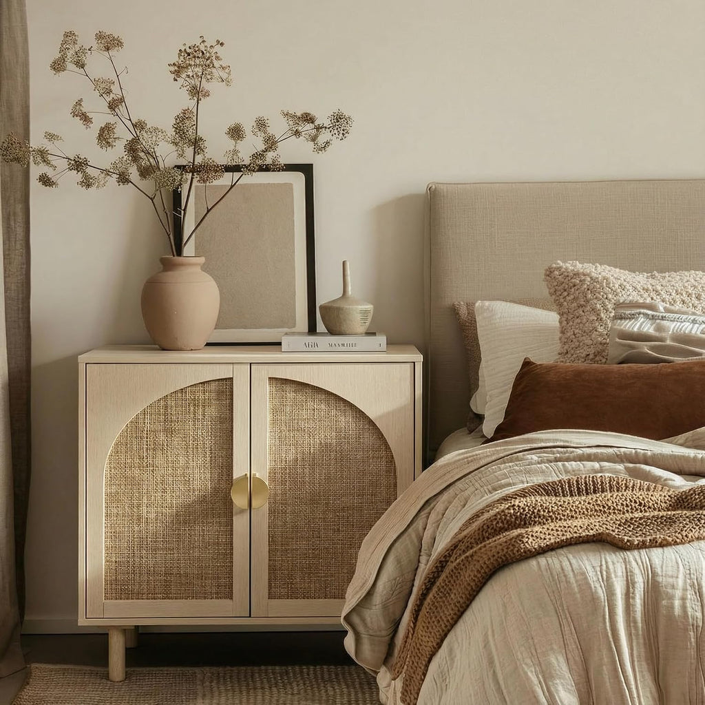 Rattan Cabinet, Storage Sideboard with 2 Doors, Beige Boho Buffet with Adjustable Shelf, Premium Wood Credenza. [Beige, 1pc]