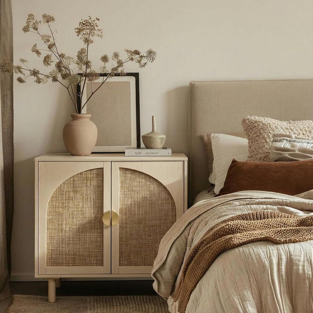 Rattan Cabinet, Storage Sideboard with 2 Doors, Beige Boho Buffet with Adjustable Shelf, Premium Wood Credenza. [Beige, 1pc]