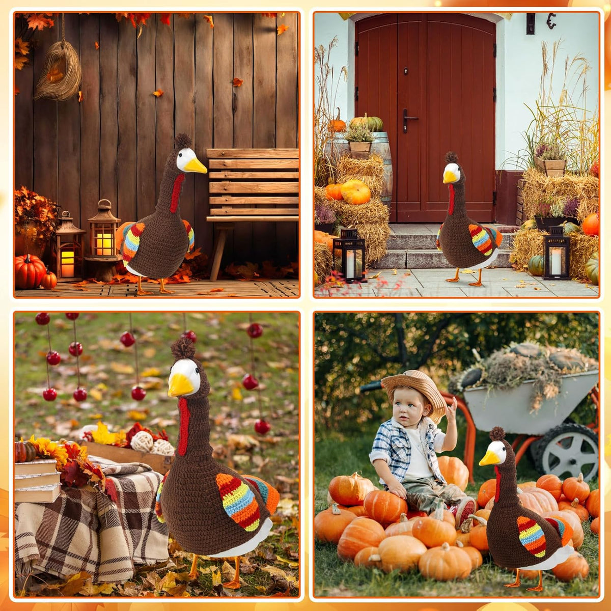 Abbylike Turkey Porch Goose Outfit Fall Thanksgiving Porch Goose Outfits Costume Clothes Fits Large 23'' Cement for Garden Yard Statue Pathway Decorations