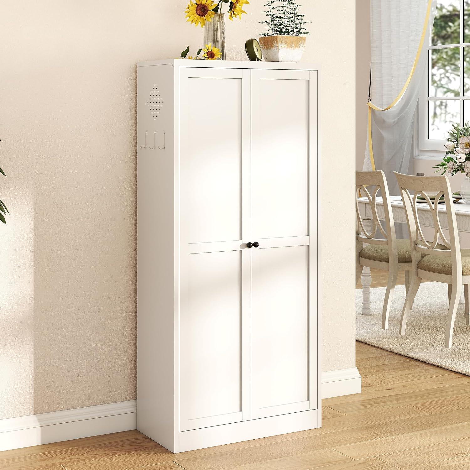 61-Inch White Metal Kitchen Pantry Cabinet with 4 Adjustable Heavy-Duty Shelves (110lb Capacity), Freestanding Storage Organizer for Pantry, Kitchen, Living Room