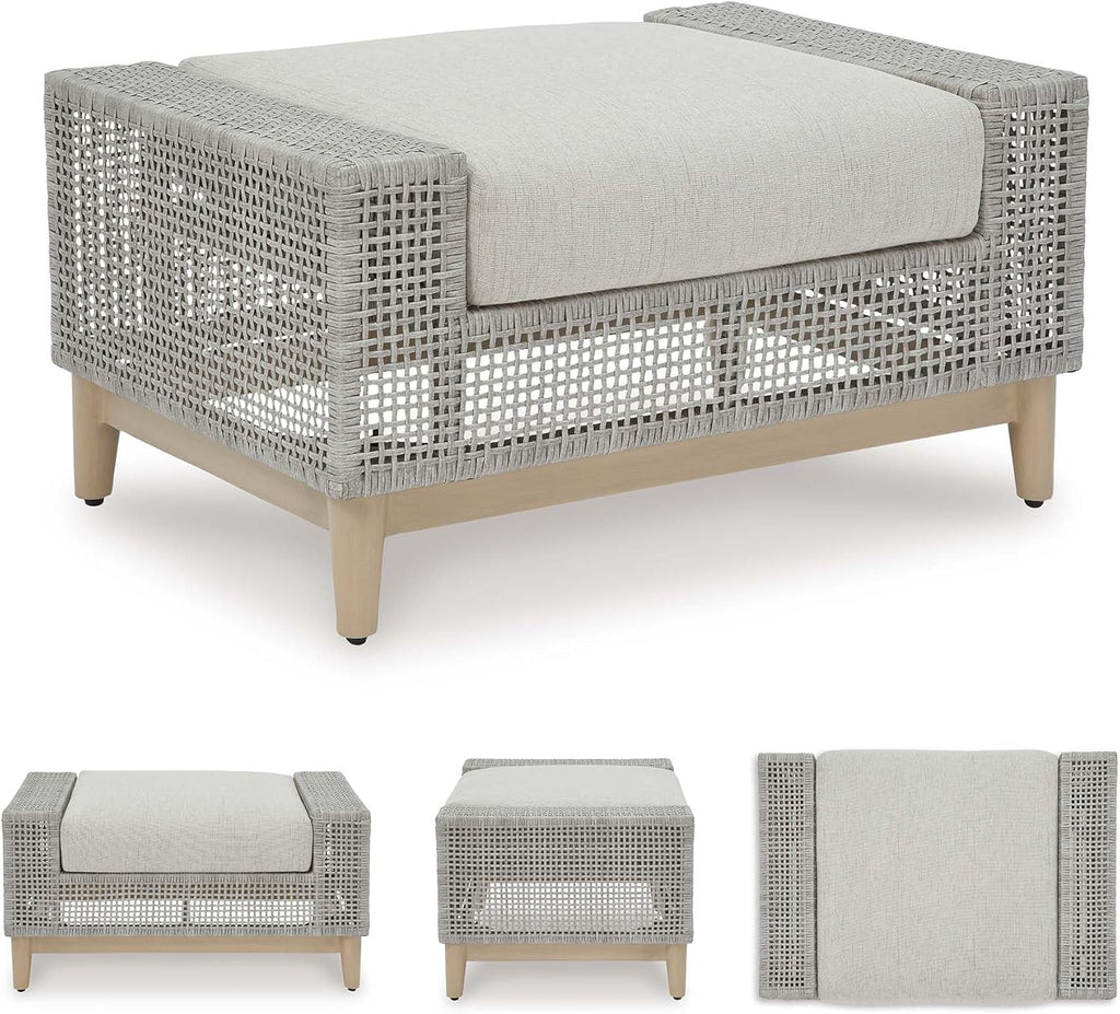 Signature Design by Ashley Seton Creek Casual Nuvella Weather Resistant Fabric Outdoor Ottoman with Cushion, Light Gray & Light Brown