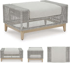 Signature Design by Ashley Seton Creek Casual Nuvella Weather Resistant Fabric Outdoor Ottoman with Cushion, Light Gray & Light Brown