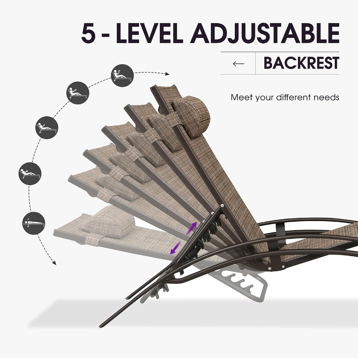 PURPLE LEAF Patio Pool Chaise Lounge Set of 3 Bronze Aluminum Chair, Brown | 2 Chaise + 1 Table, UV Textilene Fades Less, S-Curve Backrest with Arm, 5 Recline Angles, Adjustable Headrest, Stackable