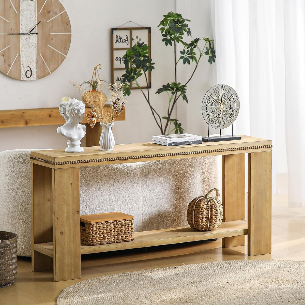 Console Sofa Table with Storage, 63" Long Wood Console Table with Beaded Trim and Storage Shelf, 2-Tier Narrow Entryway Table for Hallway, Foyer, or Behind Couch Living Room