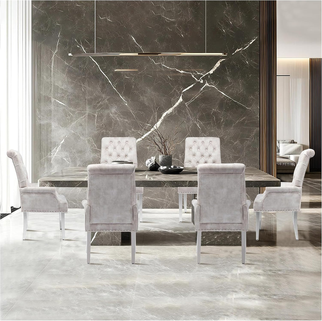 AODCHR Upholstered Velvet Accent Dining Chair, Elegant Tufted Dining Room Kitchen Room Arm Chair with Stainless Steel Leg, Beige