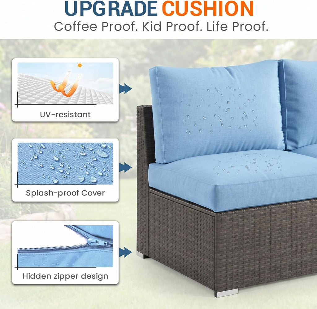 Wisteria Lane Outdoor Sofa, 2 Pieces Wicker Patio Furniture Set with Washable Cushions, Armless Patio Sectional for All-Weather, Oversized Outside Furniture for Garden, Poolside, Backyard, Light Blue