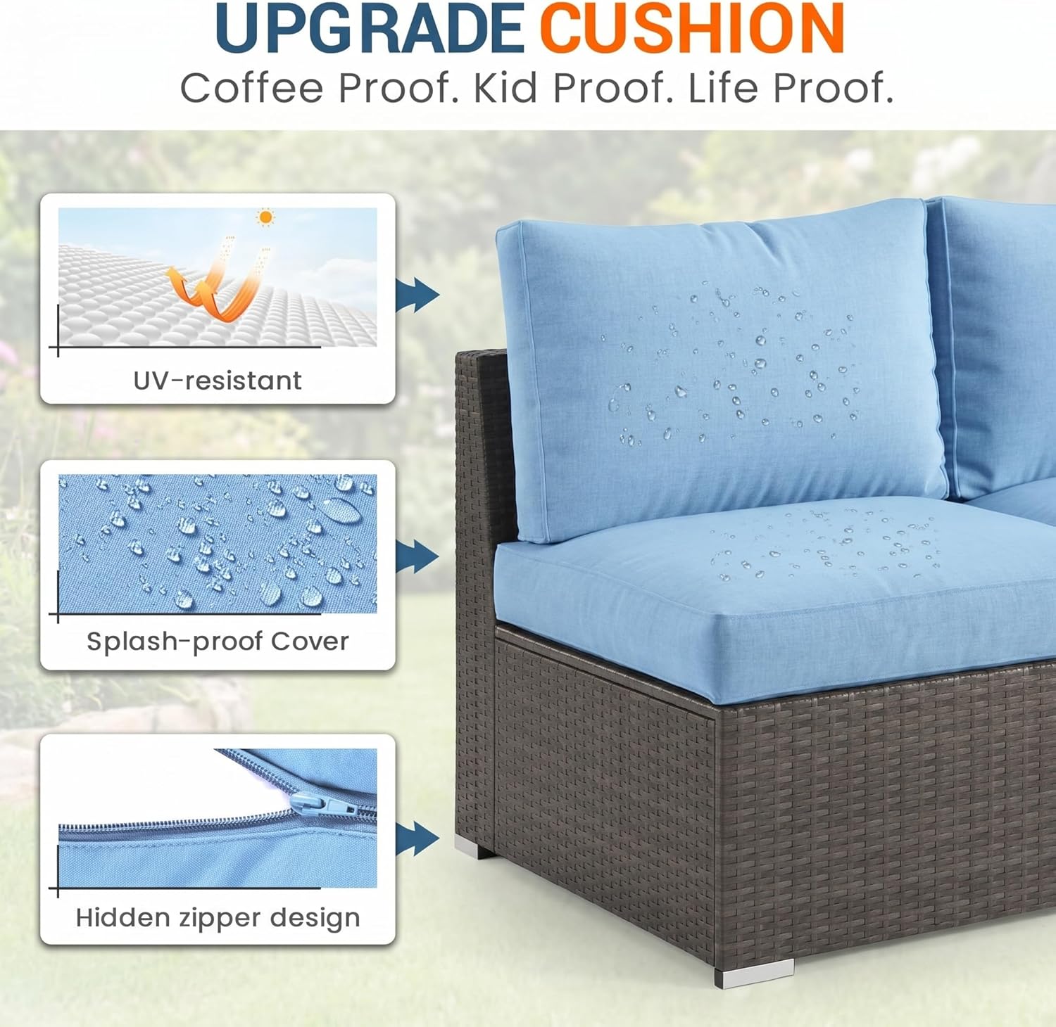 Wisteria Lane Outdoor Sofa, 2 Pieces Wicker Patio Furniture Set with Washable Cushions, Armless Patio Sectional for All-Weather, Oversized Outside Furniture for Garden, Poolside, Backyard, Light Blue