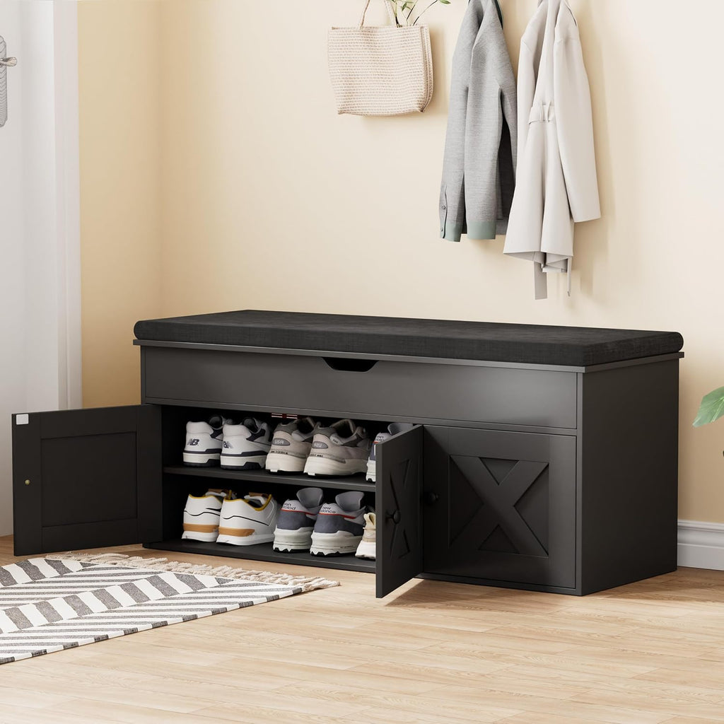 Homleke Shoe Storage Bench with Lift Top & 3 Barn Doors, Entryway Bench with Removable Cushion, Adjustable Shelf, Hidden Storage Cabinet for Hallway, Living Room, Bedroom - Black