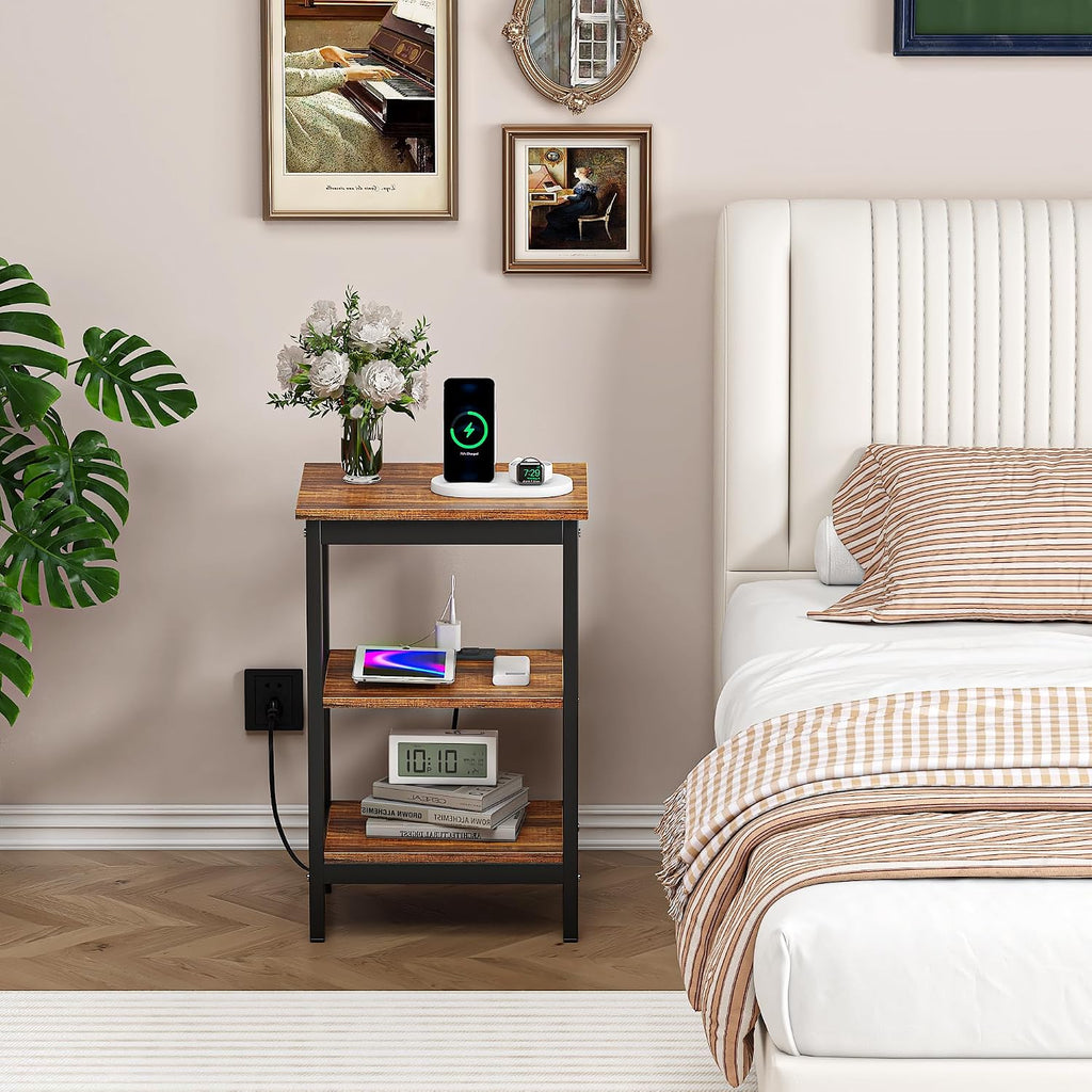 VECELO End Table with Charging Station and USB Ports, Small Wood Nightstand Modern, 24" Tall Living Room Side Table with 3-Tier Storage Shelves for Small Spaces, Office, Bedroom, Retro Brown, Set of 2