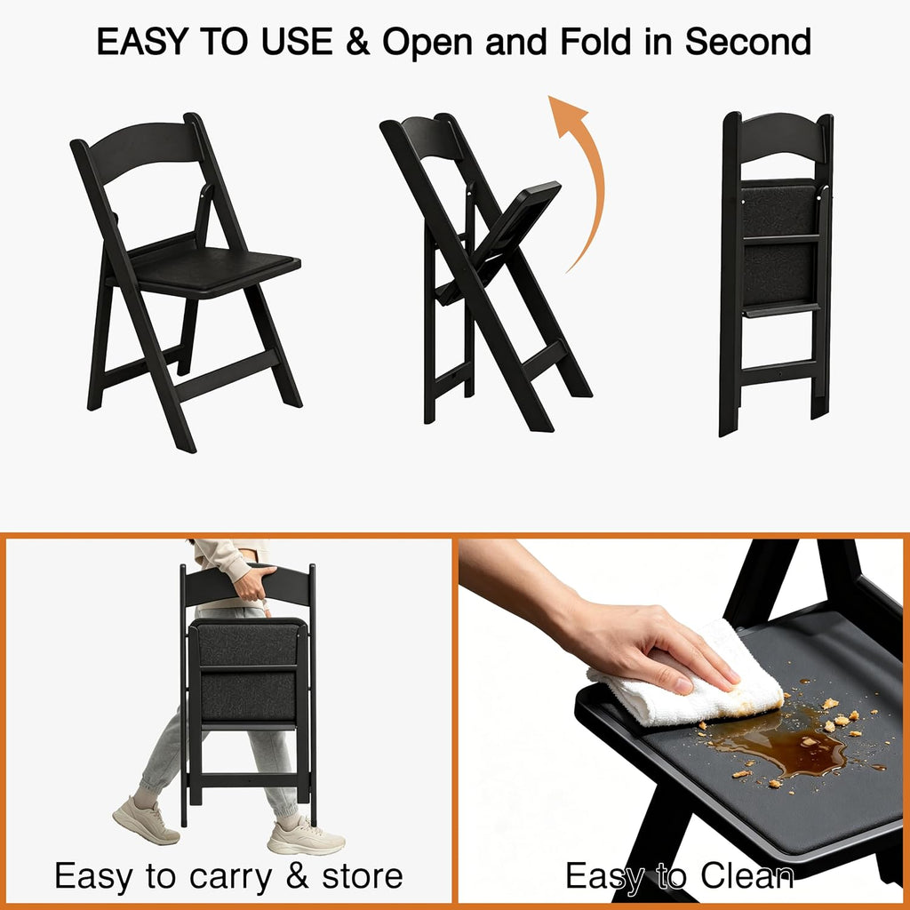 Resin Folding Chairs with Cushion for Wedding, Party, 4 Pack, 660lbs | Black Folding Chairs with Padded, Lightweight Plastic Chairs, Comfortable Foldable Chairs for Picnic, Events, Back to School