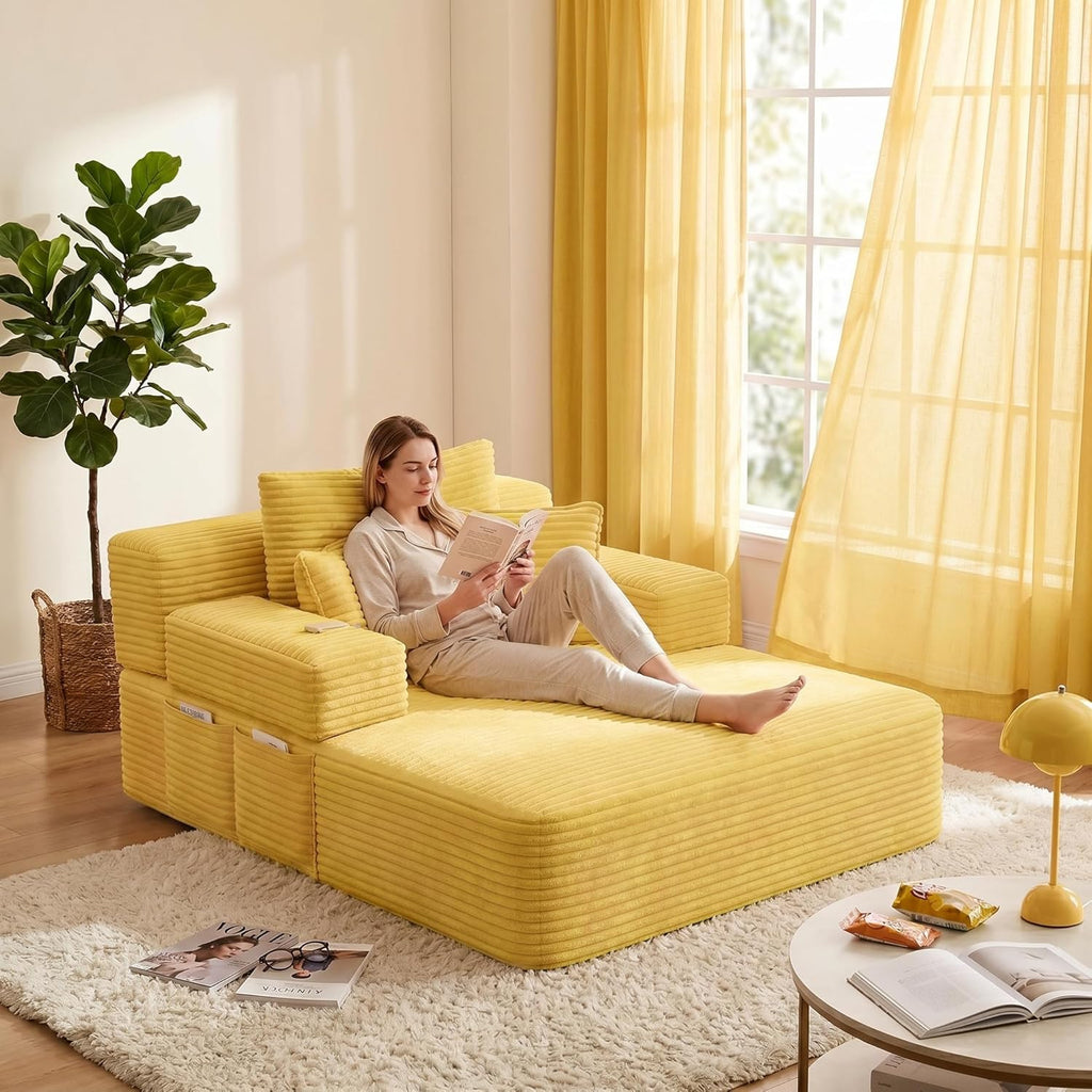 Oversized Chaise Lounge Chair Indoor, Upholstered Single 68''Convertible Sofa Bed with Storage Pocket, Frameless Design & Compression Foam for Small Spaces, Living Room, Apartment, Yellow