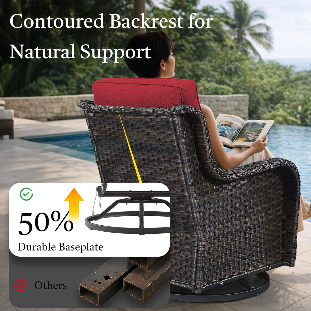 Outdoor Swivel Rocker Patio Chairs with Side Table 3 Pieces PE Wicker Patio Furniture Set for Porch Deck Balcony Garden-Brown/Red