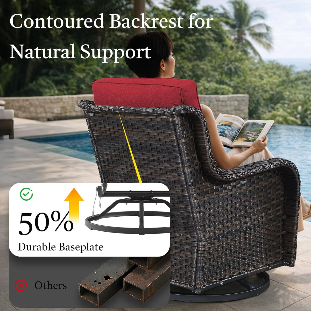 Outdoor Swivel Rocker Patio Chairs with Side Table 3 Pieces PE Wicker Patio Furniture Set for Porch Deck Balcony Garden-Brown/Red