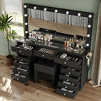 FUSOU Makeup Vanity with Power Outlet & Lighted Mirror, 13 Drawers Vanity Desk, 3 Lighting Modes Adjustable, Glass Top, Dressing Table with Chair for Bedroom (Black)
