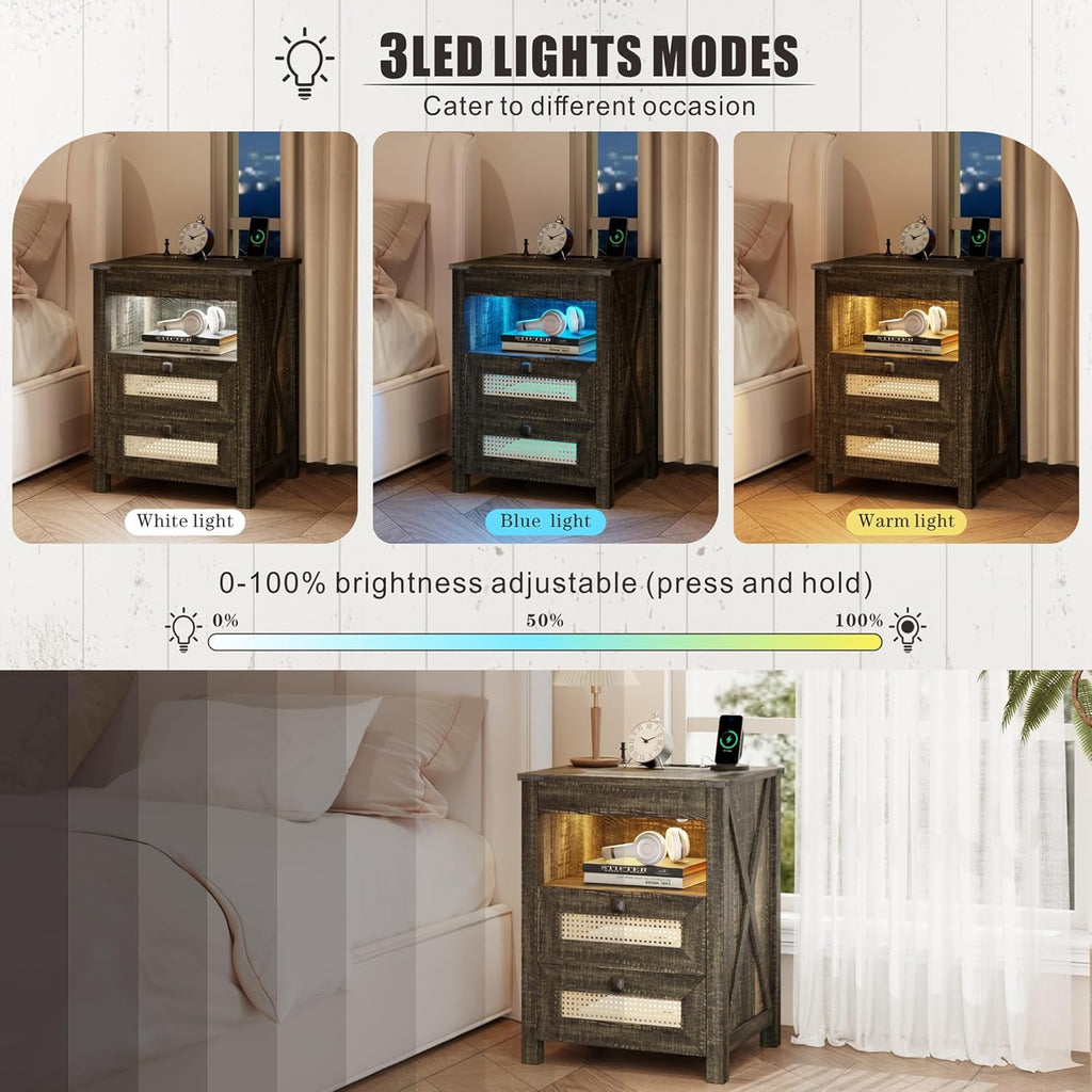 Farmhouse Night Stand with Gun Drawer, Bedside Table with Charger Station, LED Nightstand with Human Sensor Light, Smart End Table for Bedroom Livingroom, Rustic