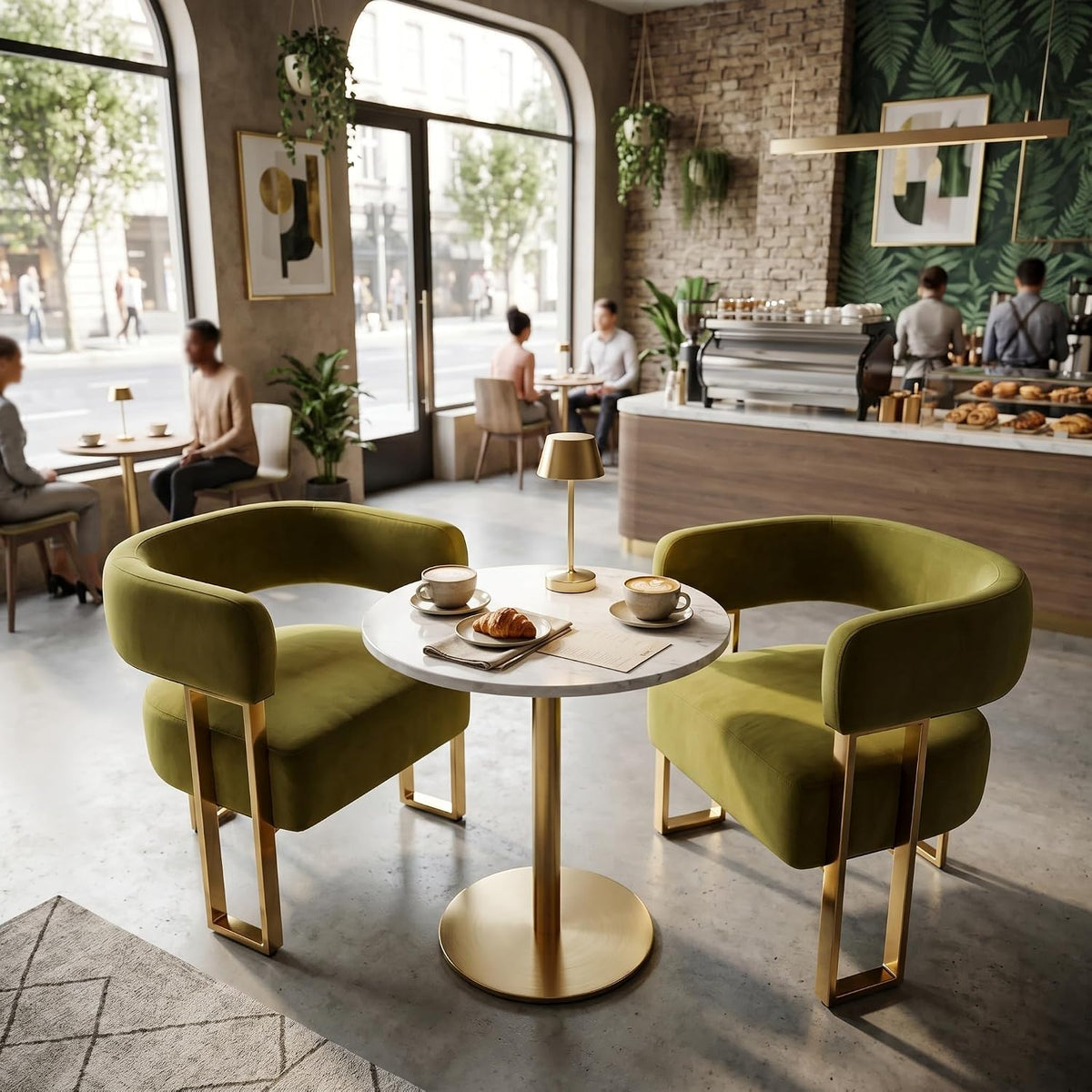 Modern Barrel Accent Chairs Set of 2, Living Room Side Chairs with Golden Metal Legs, Soft Velvet Reading Armchairs for Bedroom, Upholstered Club Chair for Reception Room/Office, Olive