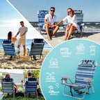 Yestomo Beach Chairs for Adults Heavy Duty, Compact Portable Lay Flat Folding Chair with Backpack Straps and Large Cooler Pouch, Support to 350LBS (2 Pack Stripes_Blue&Cyan)
