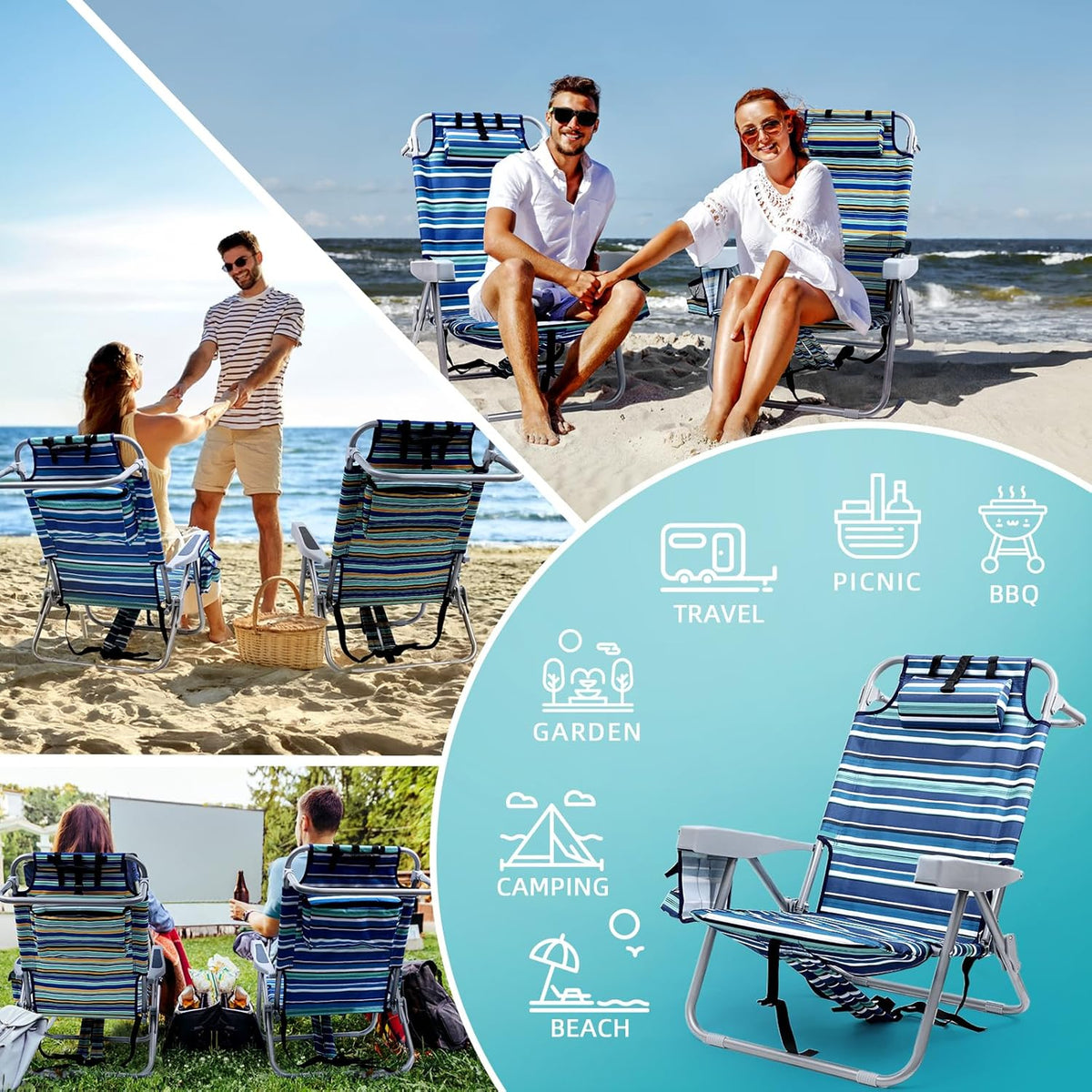 Yestomo Beach Chairs for Adults Heavy Duty, Compact Portable Lay Flat Folding Chair with Backpack Straps and Large Cooler Pouch, Support to 350LBS (2 Pack Stripes_Blue&Cyan)