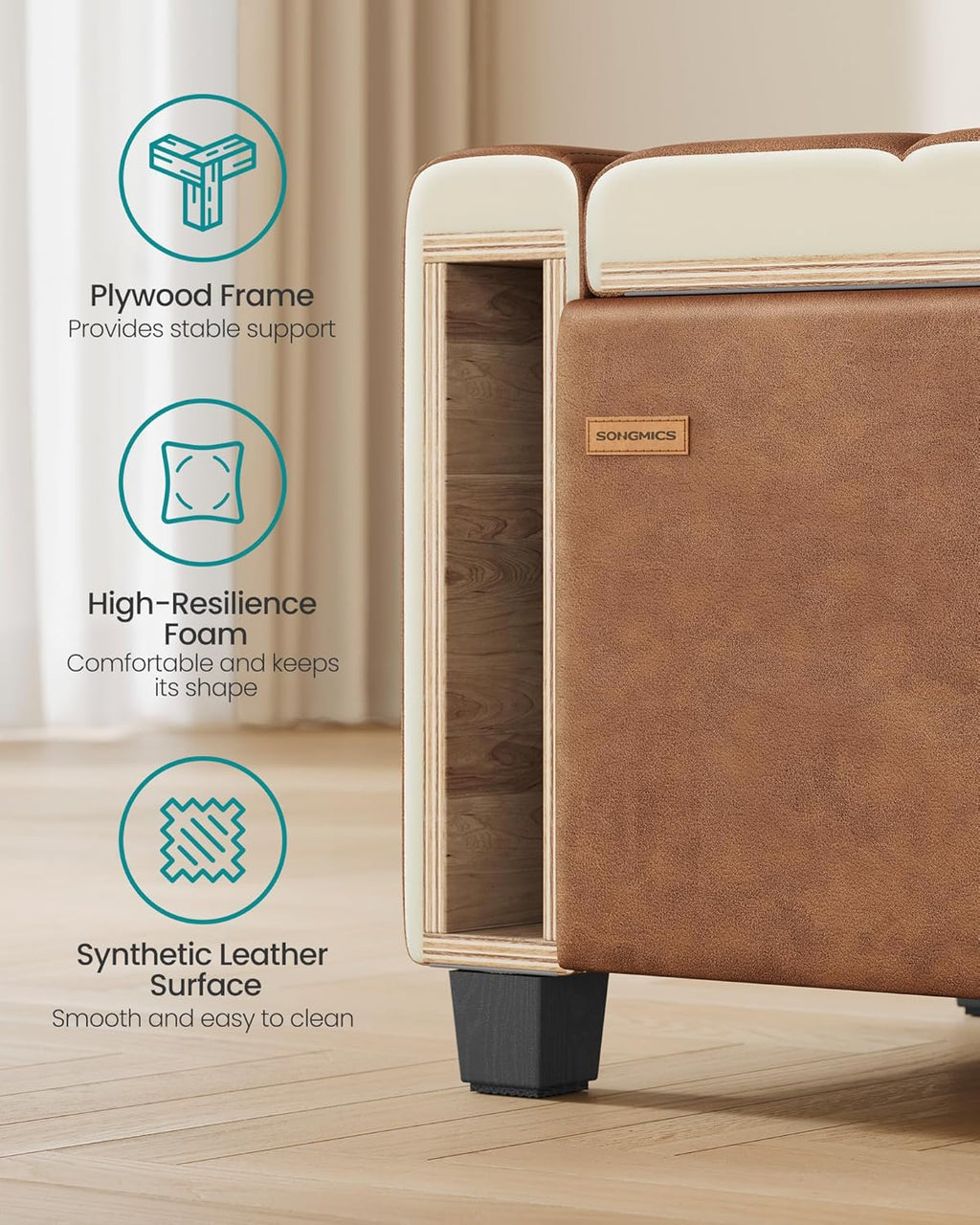 SONGMICS Storage Ottoman,ULOM521KQ01 | Buttons Decoration, Non-Slip Foot Pads, 661.4 lb Load Capacity, Coffee Brown, MACEO Collection ULOM521KQ01