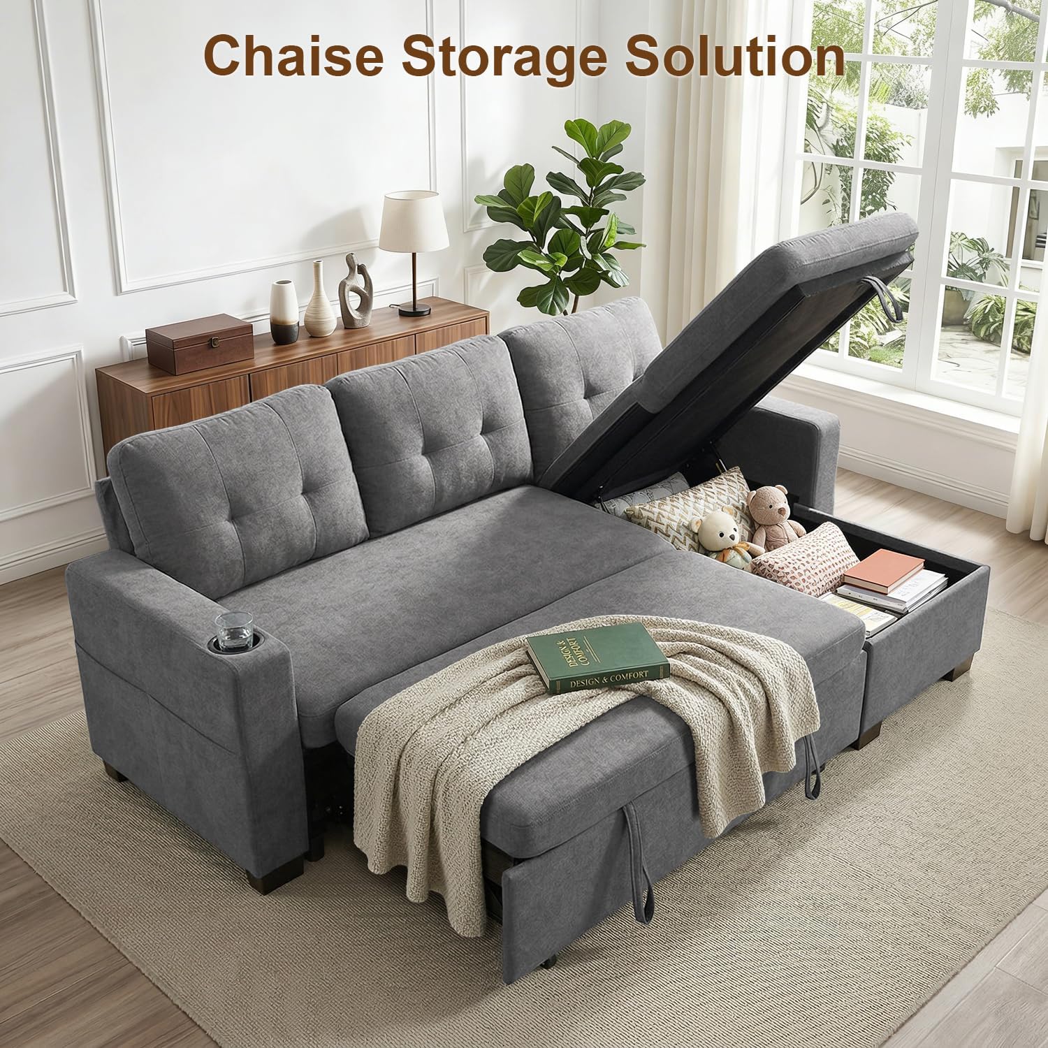 82" L Shaped Sleeper Sofa Bed, Pull Out Sectional Couch with Storage Chaise/Reclining Backrest, Sectional Couches for Living Room with USB Port, Foldable Table, Cup Holder, Side Pocket, Light Grey