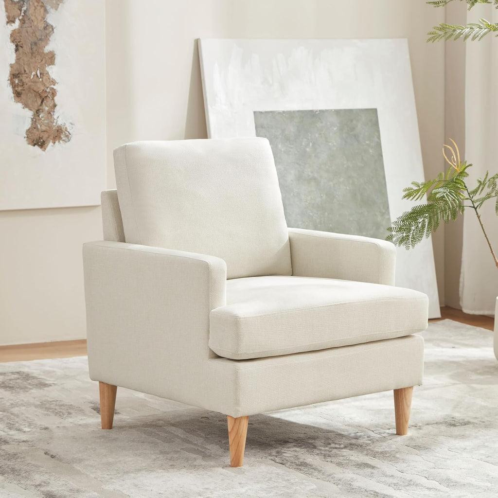 VKNOW Mid-Century Accent Chairs Set of 2, No Tools Assembly Required, Modern Upholstered Polyester Armchairs for Living Room & Bedroom, Comfortable Reading Chairs with Wood Legs, Beige